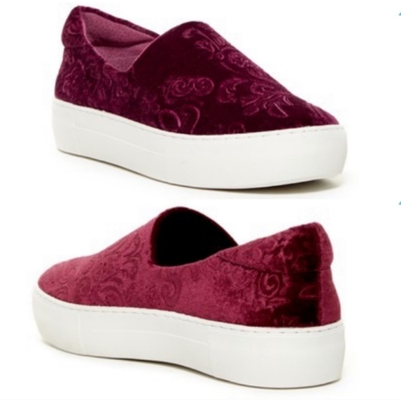 J Slides Angelica Crushed Velvet Slip On Sneakers Burgundy White Platform 8 - Picture 1 of 16
